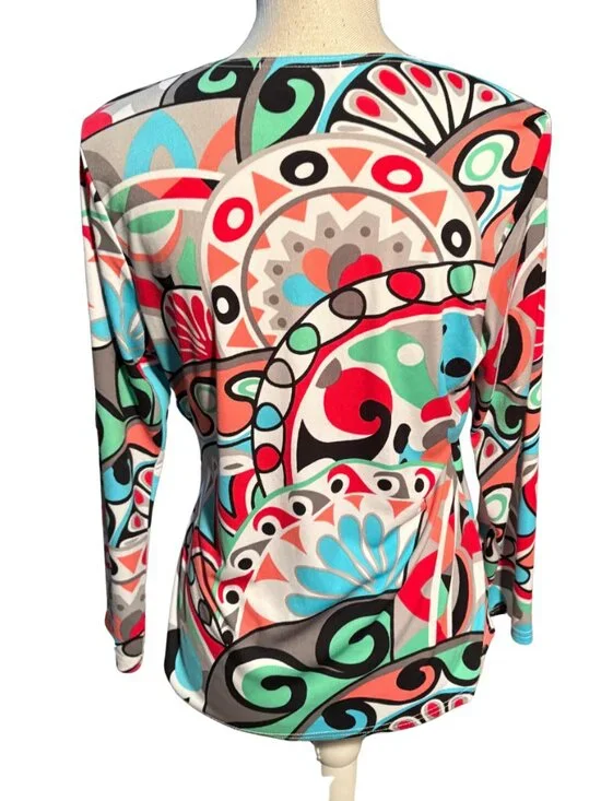 Savvy Studio Faux Wrap Top L Abstract Print Surplice Blouse 3/4 Sleeve Retro - Picture 4 of 7